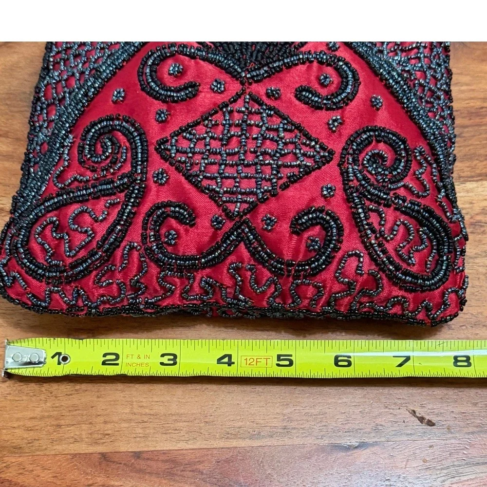 Vintage 90s Red Satin Hand Beaded Mini Handle Bag Crossbody Art Deco Elegant